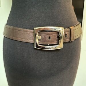 Prada vintage 80s Brown metallic leather belt~LG Chrome monogram buckle~openedge